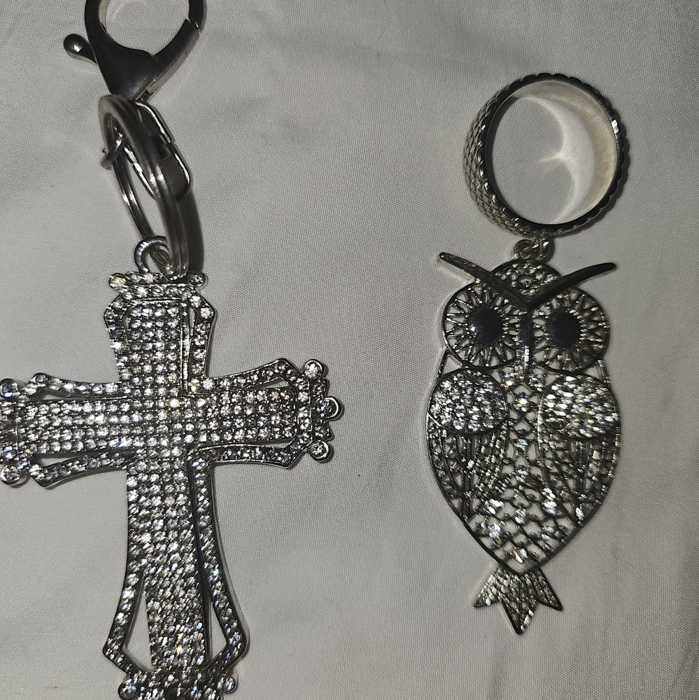 Silver Crystal Cross and Owl Keychains